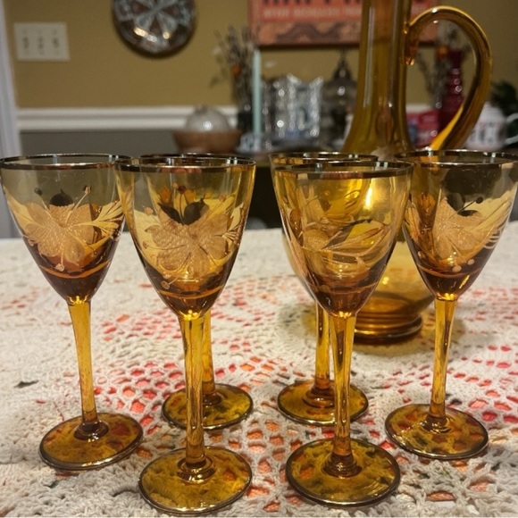 Vintage Romanian Amber Glass Hand Painted Decanter Set - Picture 2 of 10